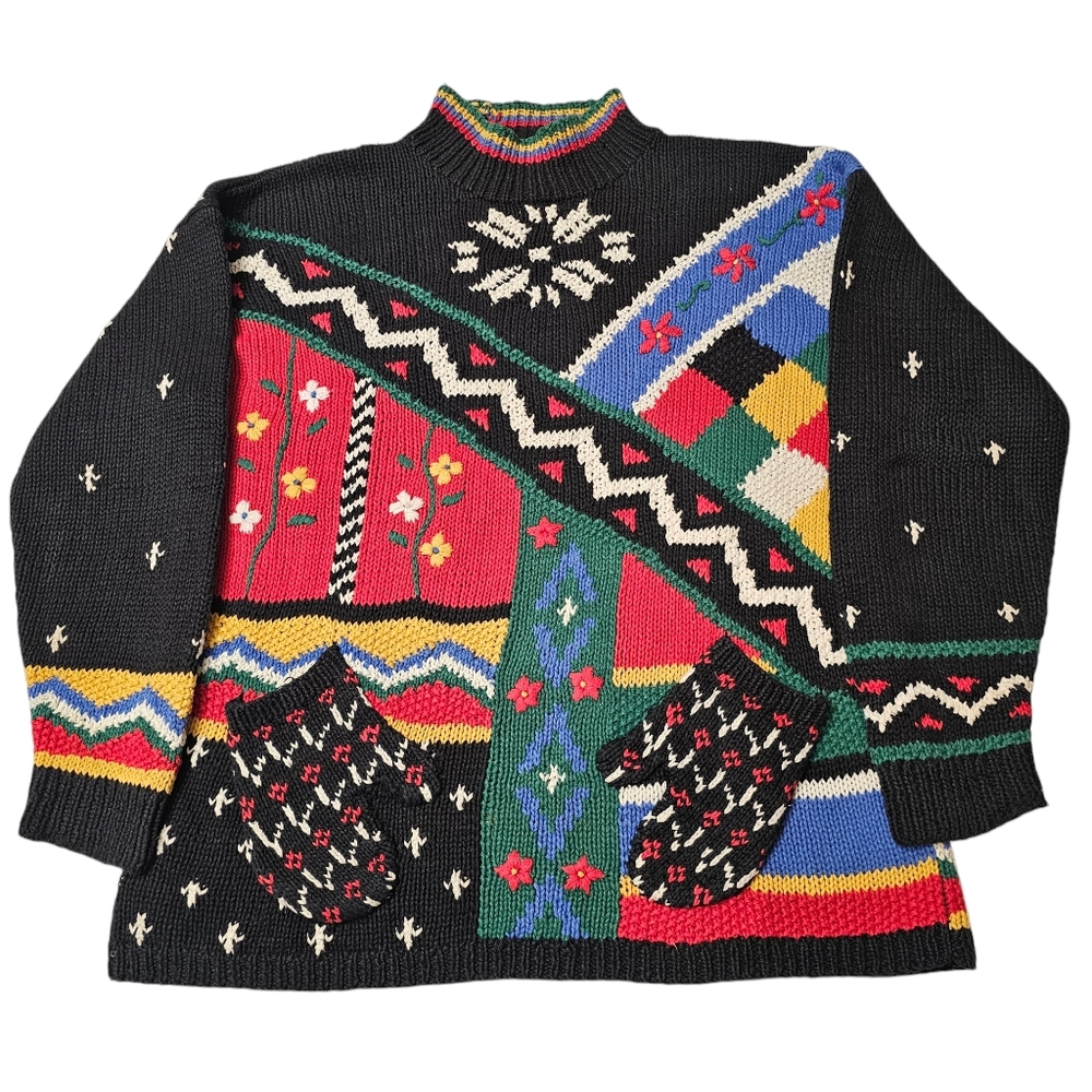 VTG 80s Robert Scott Hand Knit Flower Art Sweater Petite Medium PM Ski Abstract